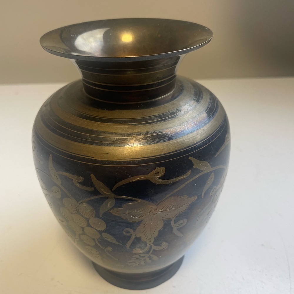 Brass-Tone Floral Etched Home Accent Vase - Black and Gold